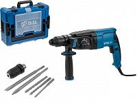 Перфоратор BULL BH 2602 в чем. Xcase 800 Вт, 3.0 Дж, 4 реж. + 2 зубила, 3 сверла, БЗП в комплекте (800 Вт, 3.0 Дж, 4 реж., патрон SDS-plus, БЗП в комплекте, вес 3.4 кг)