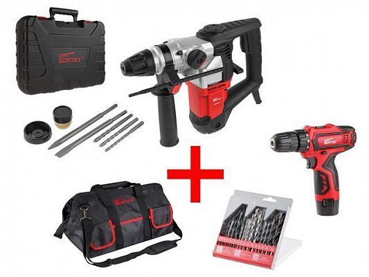 Перфоратор WORTEX RH 3231-1 в чем. + (2 зубила, 3 сверла) + АКЦИЯ! (+ Аккум. дрель-шуруповерт WORTEX BD 1213 Li + сумка + набор сверл WORTEX 16 шт. в подарок!)