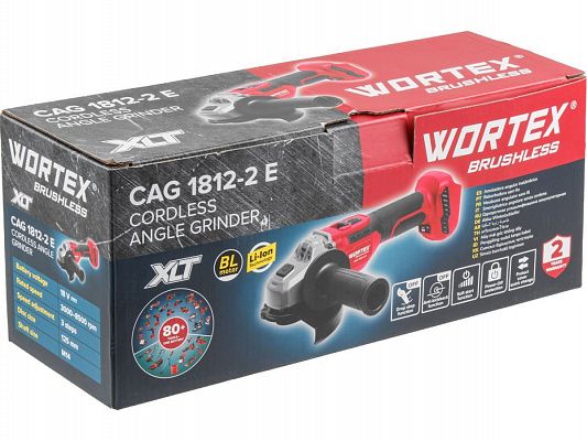 Аккум. углошлифмашина WORTEX CAG 1812-2 E в кор. XLT SOLO БЕСЩЕТ., 18 В, 125 мм, 3000-8500 об/мин (бесщ. мотор, рег. об. 3000-8500 об/мин, Anti-Kickback, Drop-Stop, 125х22,2 мм)