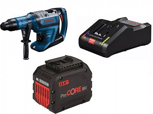 Аккум. перфоратор BOSCH GBH 18V-45 C в чем. + АКЦИЯ(2 аккумулятора, зарядное) (18.0 В, 2 акк., 12.0 А/ч Li-Ion, 12.5 Дж, вес 8.0 кг,)