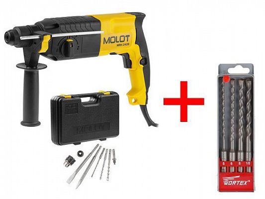 Перфоратор MOLOT MRH 2428 в чем. + (2 зубила, 3 сверла) + АКЦИЯ! Набор буров Wortex в подарок! (Набор буров (сверл) SDS-plus 4 шт. WORTEX в подарок!)