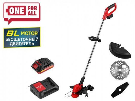 Триммер аккум. WORTEX TB 3018-1 AT с акб и зу  ALL1 XLT SET (БЕСЩЁТ.ДВИГ., 18В, 1 акк., 2 Ач, шир.скаш.300 мм (леска), 230 мм (нож))