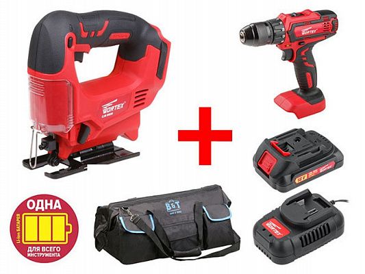 Аккум. лобзик WORTEX CJS 6529 в кор. ALL1 + АКЦИЯ (комплект с шуруповерт, акб, зу и сумка со скидой) (18.0 В, В комплекте с шуруповертом, аккумулятором, ЗУ и сумкой, пропил до 65 мм)