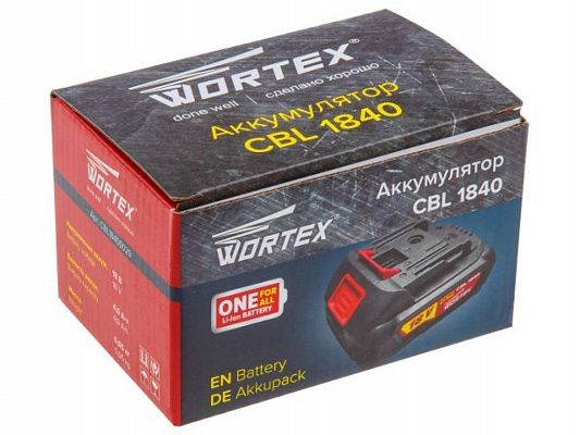 Аккумулятор WORTEX CBL 1840 18.0 В, 4.0 А/ч, Li-Ion ALL1 XLT (18.0 В, 4.0 А/ч, индикатор заряда, обрезиненный корпус)