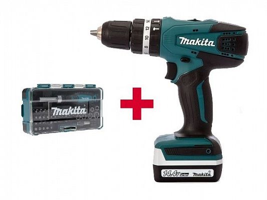 Аккум. ударная дрель-шуруповерт MAKITA HP 347 DWE в чем. + Набор бит 47 шт. (B-36170) (14.4 В, 2 акк., 1.5 А/ч Li-Ion, 2 скор., 30 Нм, шурупы до 13 мм, сверление в металле до 8 мм)