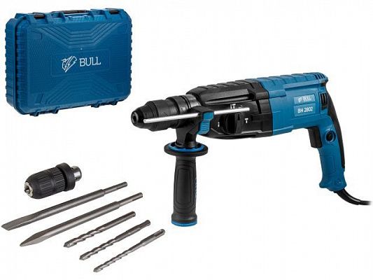 Перфоратор BULL BH 2802 в чем. 850 Вт, 3.2 Дж, 28 мм, 4 реж. + 2 зубила, 3 сверла, БЗП в комплекте (вес 3.8 кг)