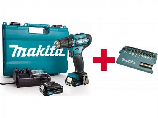 Аккум. дрель-шуруповерт MAKITA CXT DF 333 DWAE в чем. + АКЦИЯ (набор насадок E-03084) (12.0 В, 2 акк., 2.0 А/ч Li-Ion, 2 скор., 30 Нм, шурупы до 8 мм+ АКЦИЯ (набор насадок E-03084))