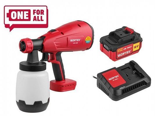 Аккум. краскораспылитель WORTEX CPS 1810 в кор. ALL1 XLT SET 18В, 1 акк., 4 Ач, 700 мл/мин, 1 л б (18 В, 1 акк., 4 Ач, ЗУ, 700 мл/мин, 1 л бак, 2.6 мм сопло, 50 DIN)