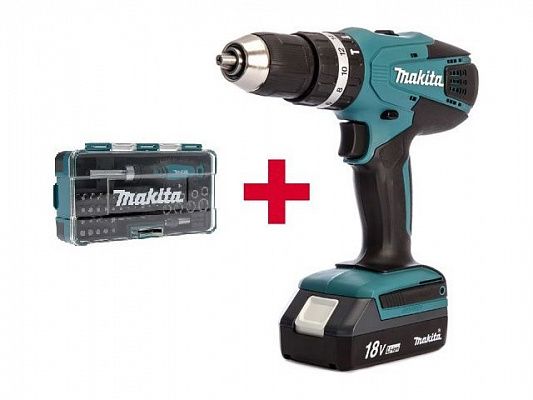 Аккум. ударная дрель-шуруповерт MAKITA LXT HP 457 DWE в чем. + Набор бит 47 шт. (B-36170) (18.0 В, 2 акк., 1.5 А/ч Li-Ion, 2 скор., 42 Нм, шурупы до 1