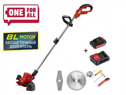 Триммер аккум. WORTEX TB 3018 AT ALL1 XLT SET БЕСЩЁТ.ДВИГ., 18В, 1 акк., 2 Ач, шир.скаш.300 мм ле (телескоп.штанга, рег.угол 0-60°)