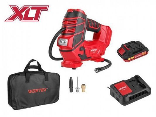 Аккум. компрессор WORTEX CTI 1811 в кор. ALL1 XLT SET 18 В, 11 бар, 12 л/мин, 1х2 А*ч, зу (18В/ 160 PSI / 11 бар / 1100 кПа, цифровой манометр, 600 мм шланг, подсветка)